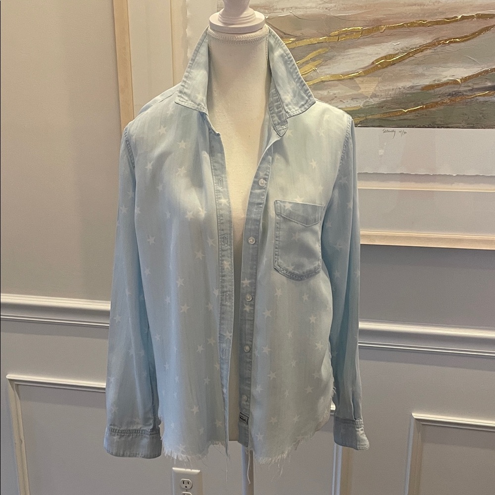 Rails Acid Wash Distressed Hem Tencel Denim Sky Blue Star Button-Up Shirt